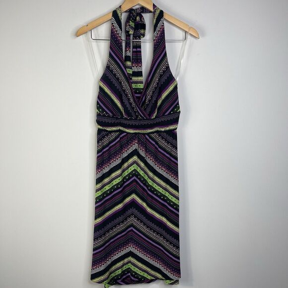 Soma Size M Halter Dress Black Purple Multi Chevron Sundress Stretch Soft Midi - Picture 2 of 8